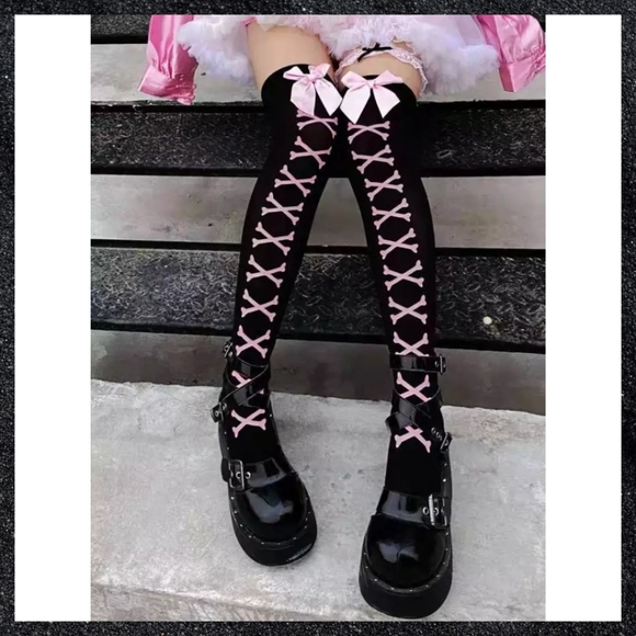 Pink & Black Crossbones Lace-Up Back Over-the-Knee Thigh High Stockings - Picture 7 of 8